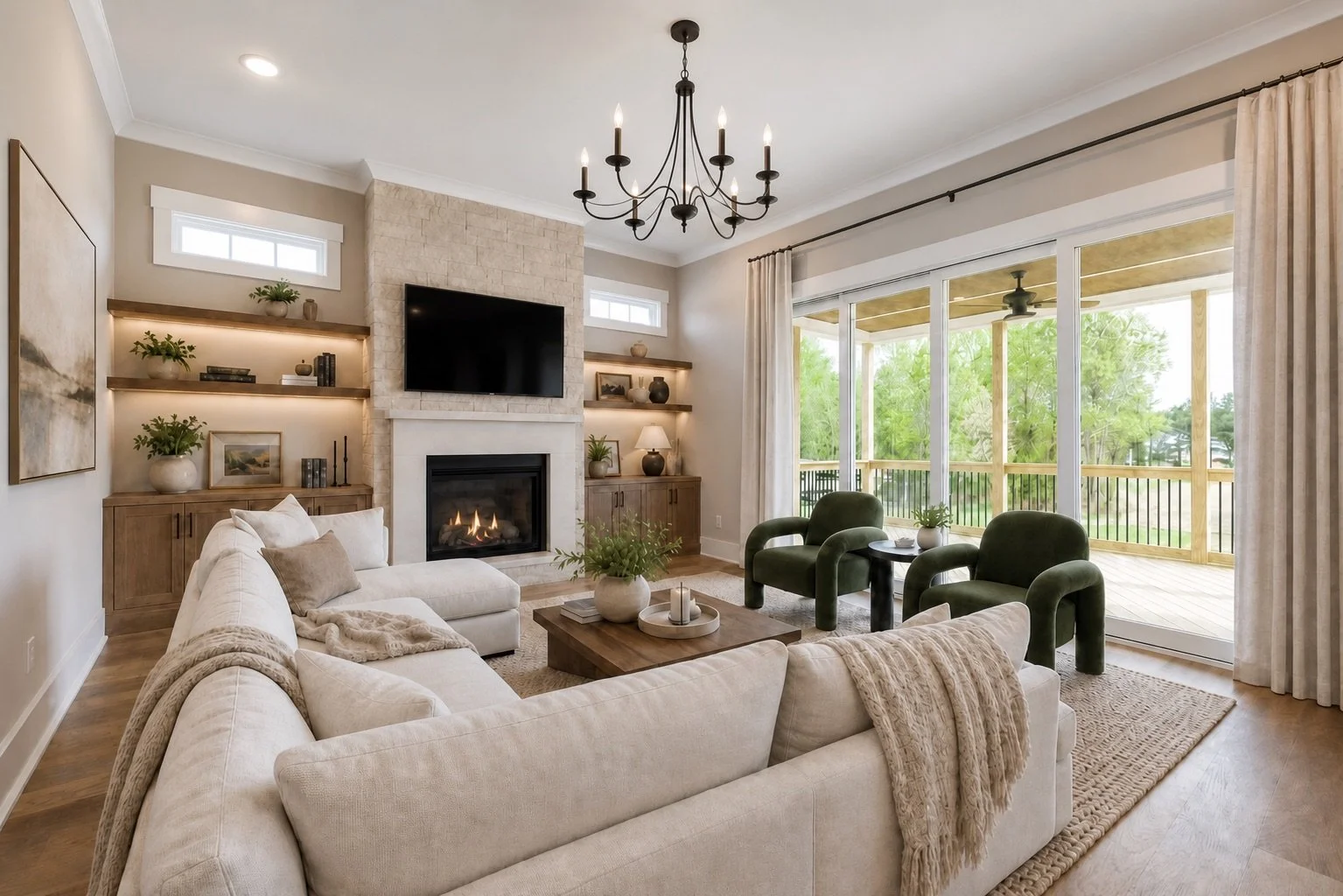 Living room with a cream sectional sofa, green armchairs, a fireplace, a wall-mounted TV, wooden shelves with decor, and sliding glass doors leading to a deck with trees outside.