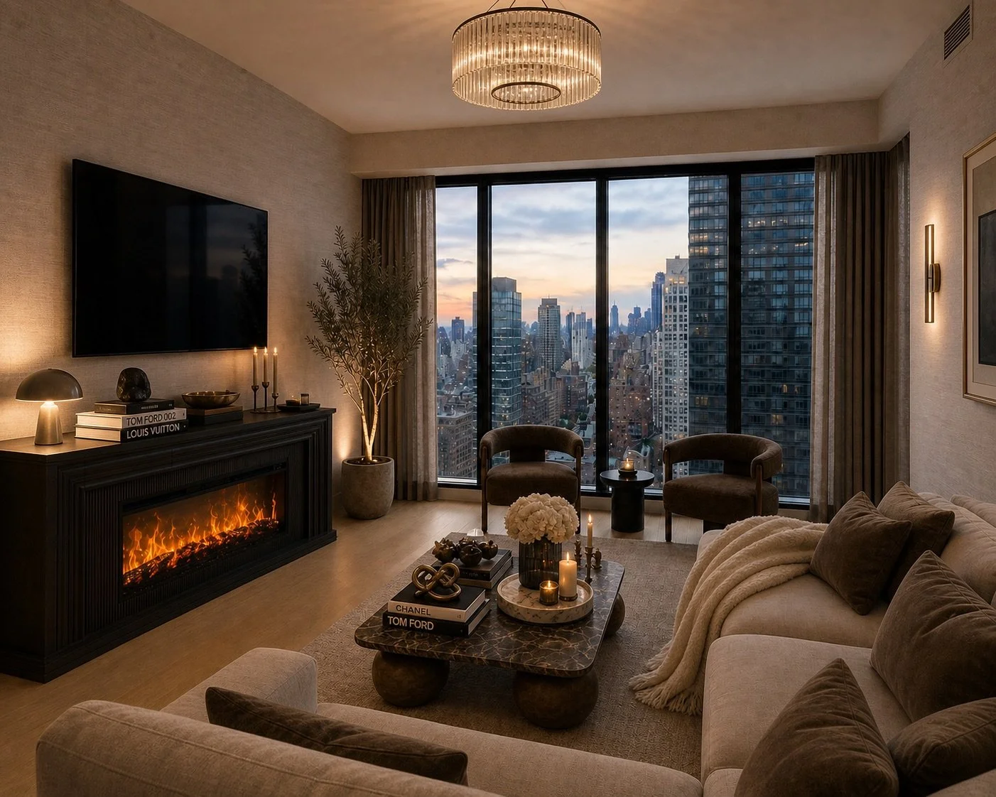 Modern living room with city skyline view through large windows, beige sofa with dark pillows, marble coffee table with candles and flowers, fireplace, two armchairs, potted plant, and chandelier.
