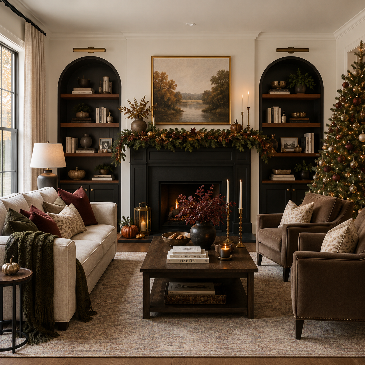 A cozy living room decorated for Christmas with a lit Christmas tree, a fireplace with candles, pumpkins, and a garland, and seating area including a beige sofa with pillows and a brown armchair. Shelves with books and decor are on either side of the fireplace.