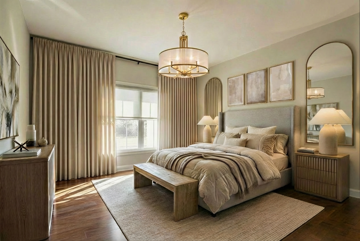 A bedroom with a large bed, beige bedding, and pillows, two nightstands with lamps, a bench at the foot of the bed, a window with beige curtains, a chandelier hanging from the ceiling, and framed artwork above the bed.