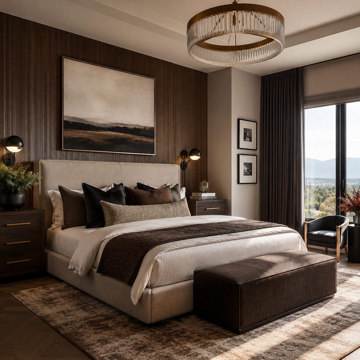 Modern bedroom with beige upholstered bed, dark wood nightstands, black and brown pillows, large abstract landscape painting, circular chandelier, black table lamp, gray curtains, and mountain view through large window.