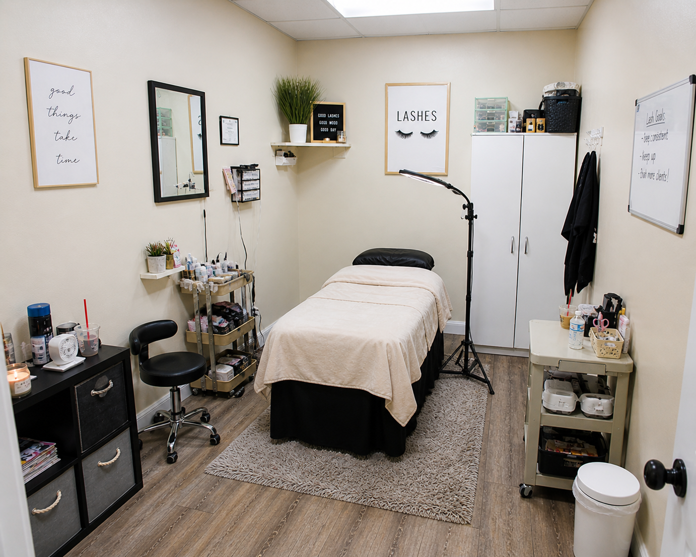 A small beauty treatment room with a massage table covered with a white sheet in the center. The room has white walls with decor including framed quotes, a mirror, and a sign that says 'LASHES' with eyelash illustrations. There are shelves with vario