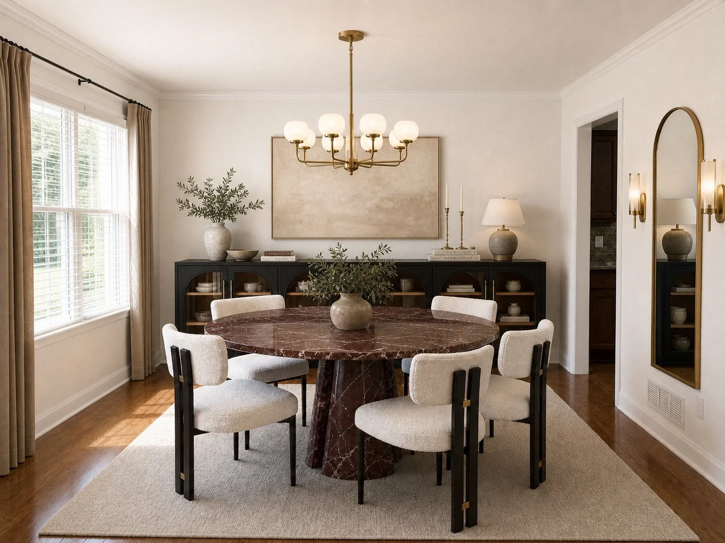 Dining room with a round marble table, six cream upholstered chairs, a black sideboard with decorative vases and greenery, large window with curtains, wall mirror and lamps, hardwood floor and beige rug.