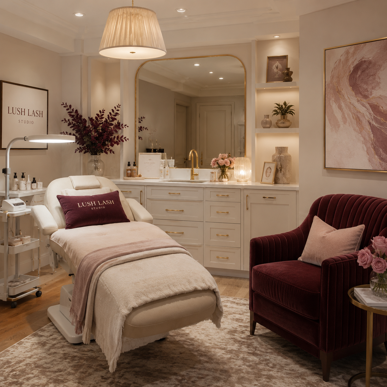 A luxurious spa treatment room with a massage bed draped in soft blankets, a large mirror above a white vanity, plush chairs, and elegant decor including flowers and art, creating a calming atmosphere.