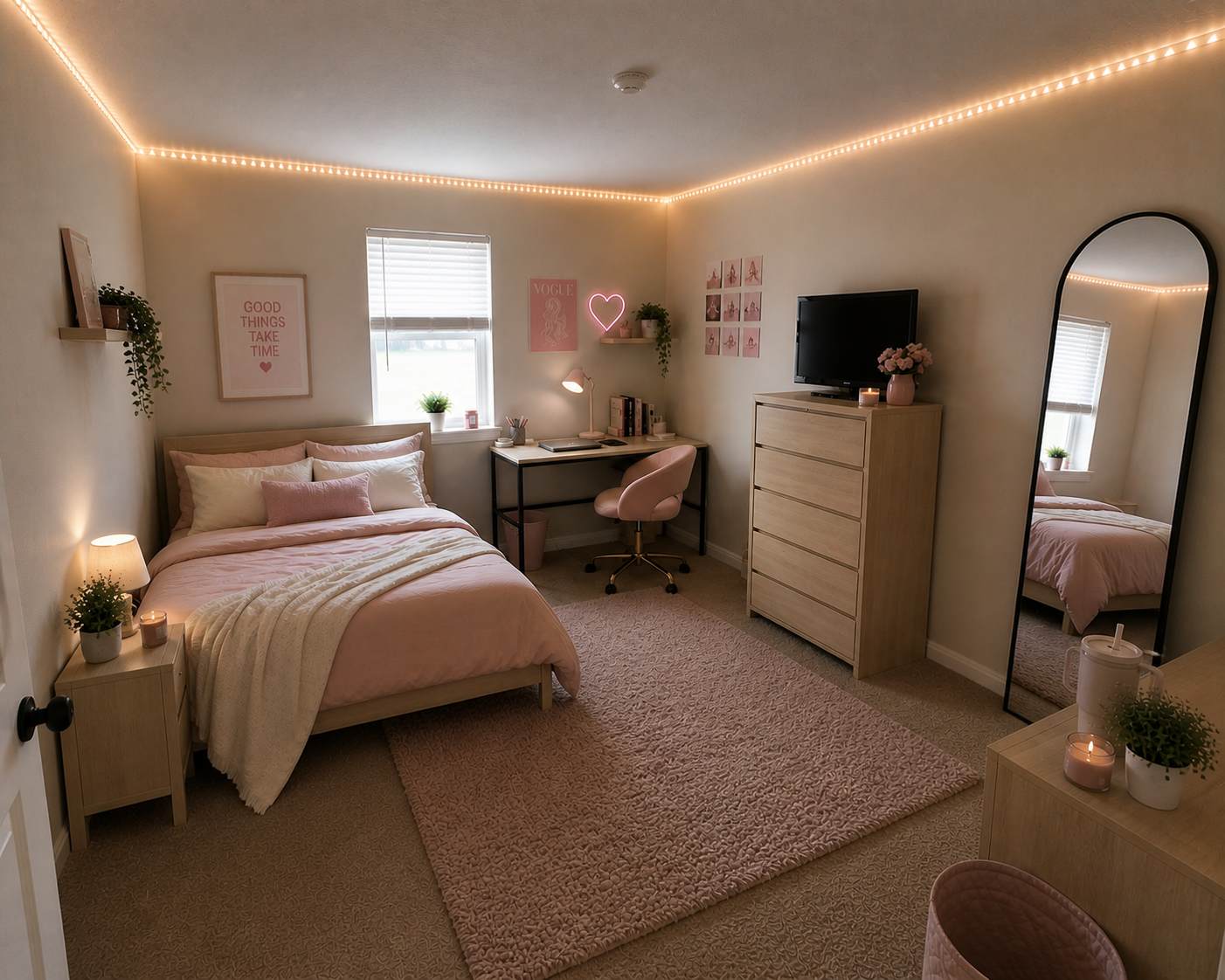 A cozy bedroom with a pink theme featuring a bed with pink and white bedding, a bedside table with candles and a plant, a small desk with a pink chair, a dresser with a TV, a mirror, and decorative lights along the ceiling