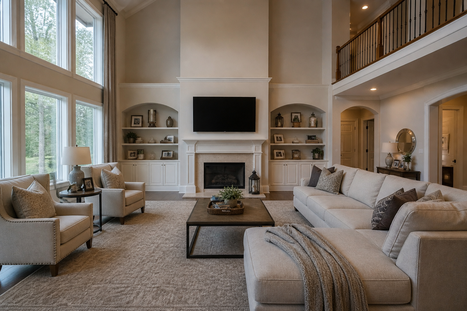 Living room with large windows, beige sofas, a fireplace with a large TV above, built-in shelves with decorative items, and a coffee table, with a view of the outdoors.