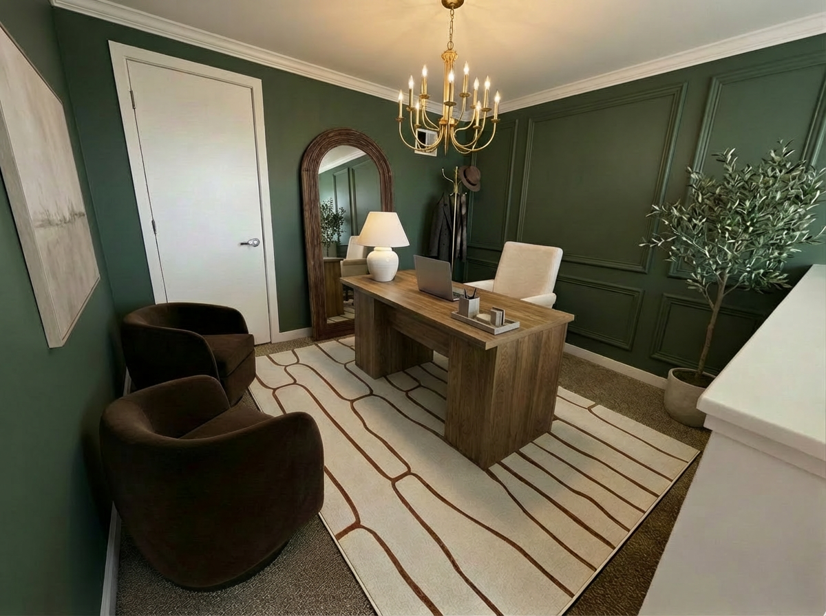 Office room with green walls, wooden desk, beige and brown chairs, large mirror, white lamp, potted plant, chandelier, coat rack with hats, and a cream and brown patterned rug.