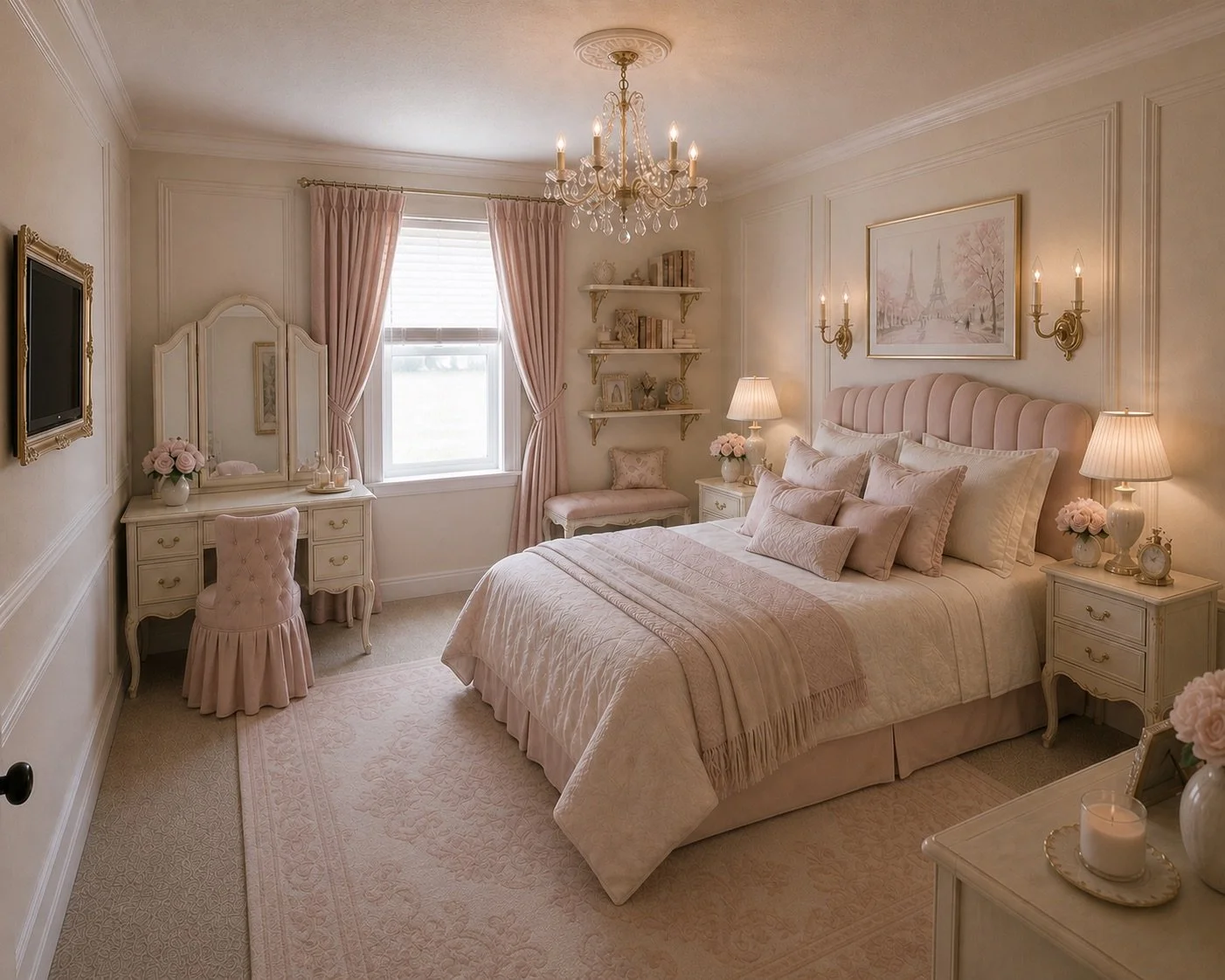 A cozy, elegant bedroom with cream and pastel pink decor, featuring a bed with plush pillows, bedside lamps, a chandelier, a window with pink curtains, and vintage-style furniture.