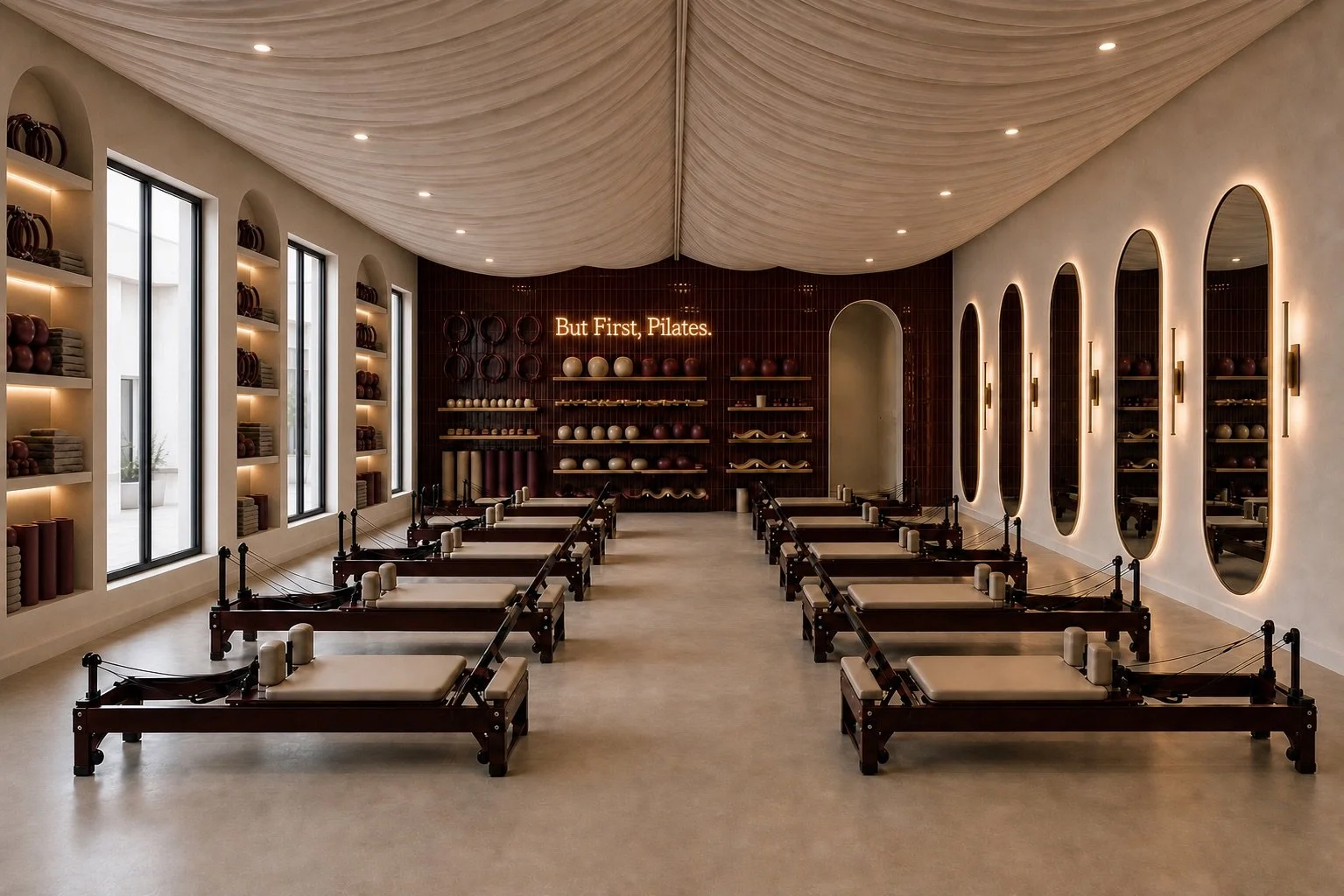 Interior of a Pilates studio with rows of Pilates reformer machines, wall-mounted bookshelves with weights and exercise balls, and a sign that reads 'But First, Pilates' on a dark tiled wall.