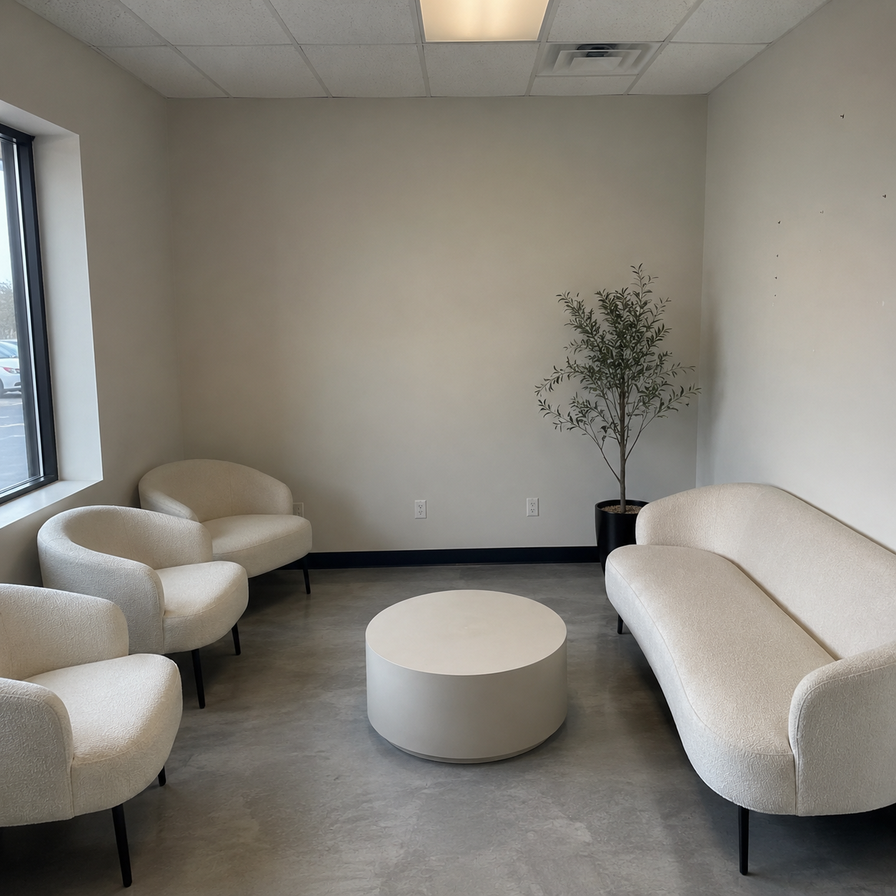 An empty waiting room with four white chairs, a white round coffee table, a large window on the left, and a potted plant against the back wall.