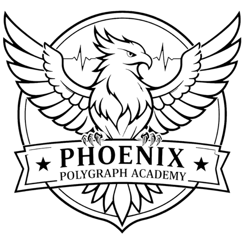 Black silhouette logo for Phoenix Polygraph Academy with a phoenix bird with outstretched wings and the words 'Phoenix Polygraph Academy' beneath it.