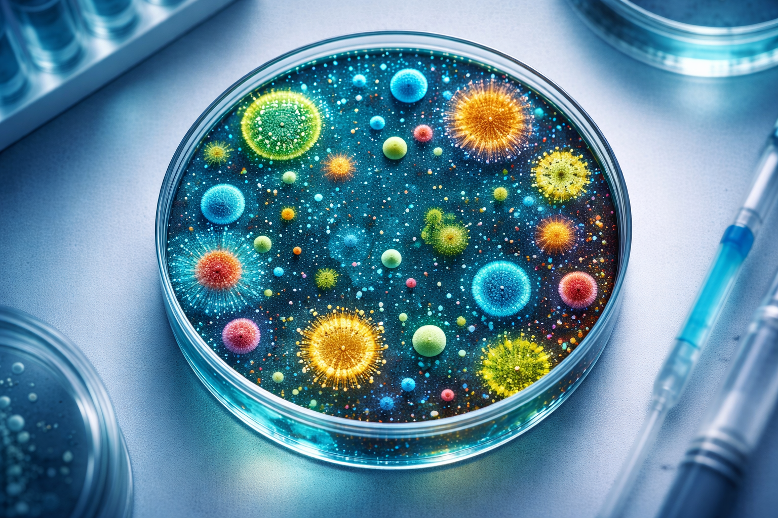 Petri dish with colorful representations of viruses or bacteria in blue, green, yellow, and red on a dark background.