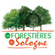 Logo avec quatre arbres et texte en français 'Les Forestières de Sologne'