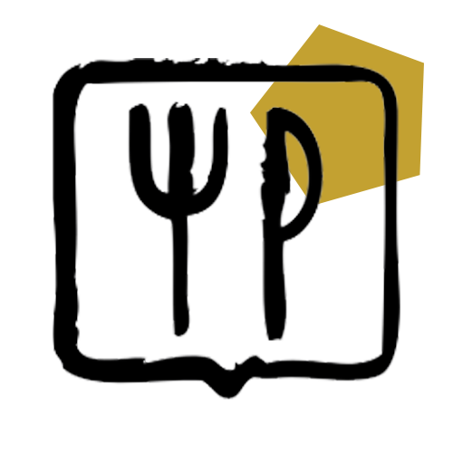 Icône d'une fourchette et d'un couteau à l'intérieur d'un cadre rectangulaire noir, symbole de restauration ou de nourriture.