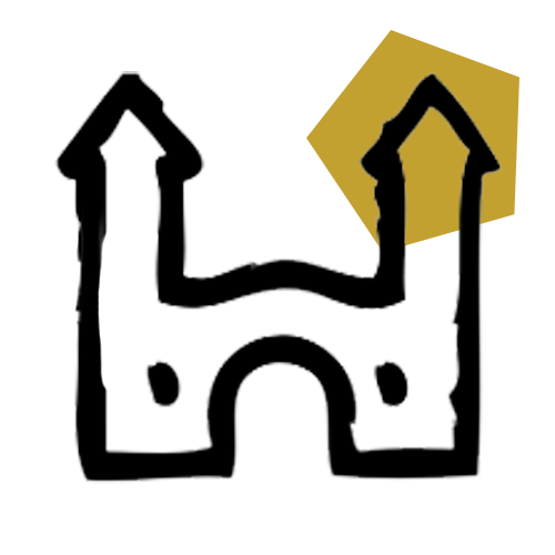 Icône de château avec deux tours et une porte au centre, style dessin simple en noir, jaune et gris.