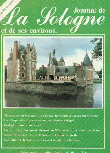 Couverture d'un journal intitulé "Journal de La Sologne et de ses environs", avec une photo d'un château médiéval près d'une étendue d'eau. Titre en haut en blanc sur fond vert den den.