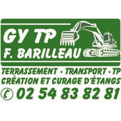 Logo vert avec une illustration d'une excavatrice et texte promotionnel pour une entreprise de terrassement, transport et création de étangs, incluant un numéro de téléphone.