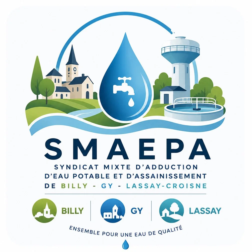 Logo de S MAEPA avec illustrations d'une maison, d'une tour de traitement d'eau, d'un paysage rural et d'une goutte d'eau avec un robinet. Texte en français concernant le syndicat d'adduction d'eau potable et d'assainissement des communes Billy, Gy, Lassy.