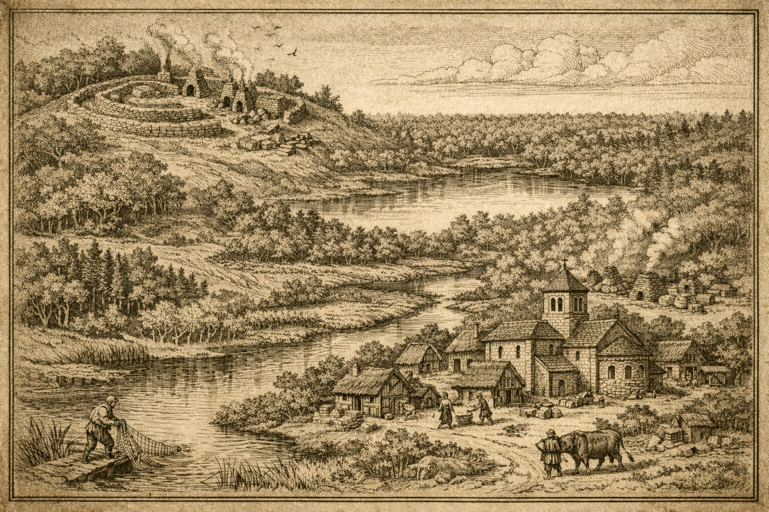 Une gravure représentant un village au bord d'une rivière, avec des maisons en bois, une église, des personnes tenant des animaux et des activités agricoles, entouré de forêts et de collines avec une usine en haut d'une colline.