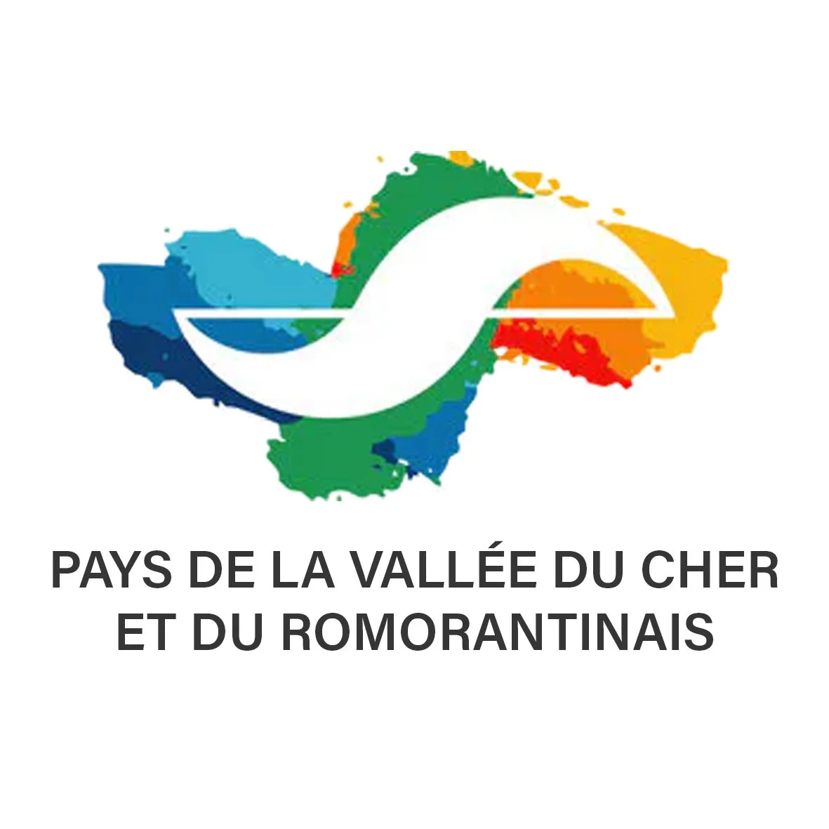 Carte de la France en couleurs avec un logo de flèche entrelacée sur le dessus et le texte "Pays de la Vallée du Cher et du Romarantinais" en dessous.