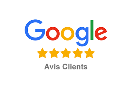 Logo de Google avec cinq étoiles dorées et le texte "Avis Clients" en dessous.