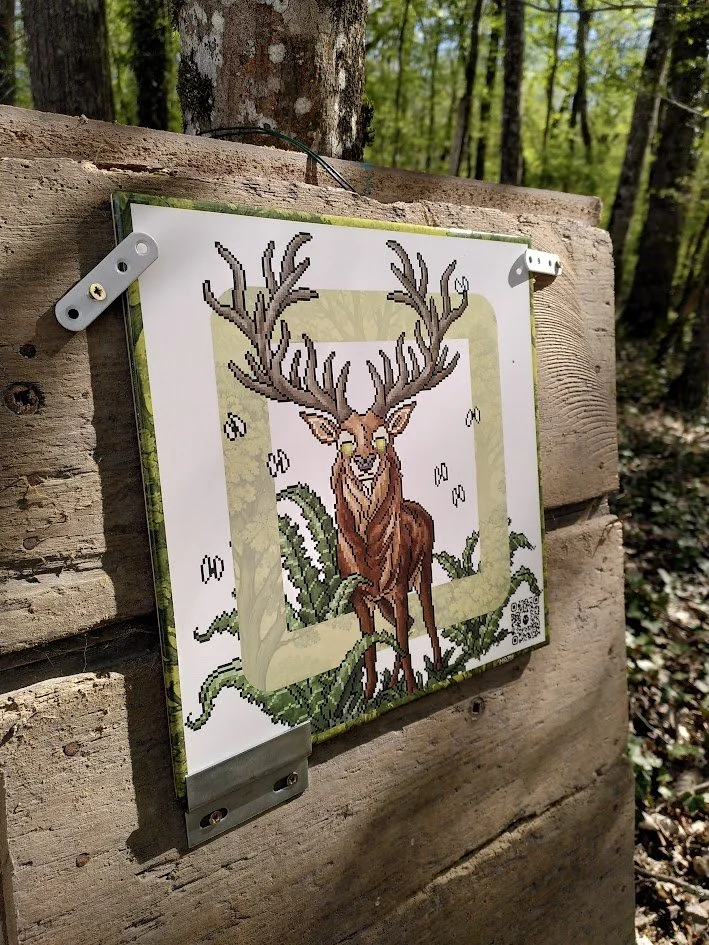 Une affiche illustrée d'un cerf avec des grands bois, fixée à un panneau en bois en pleine forêt - Le château du Moulin, surnommé la Perle de la Sologne