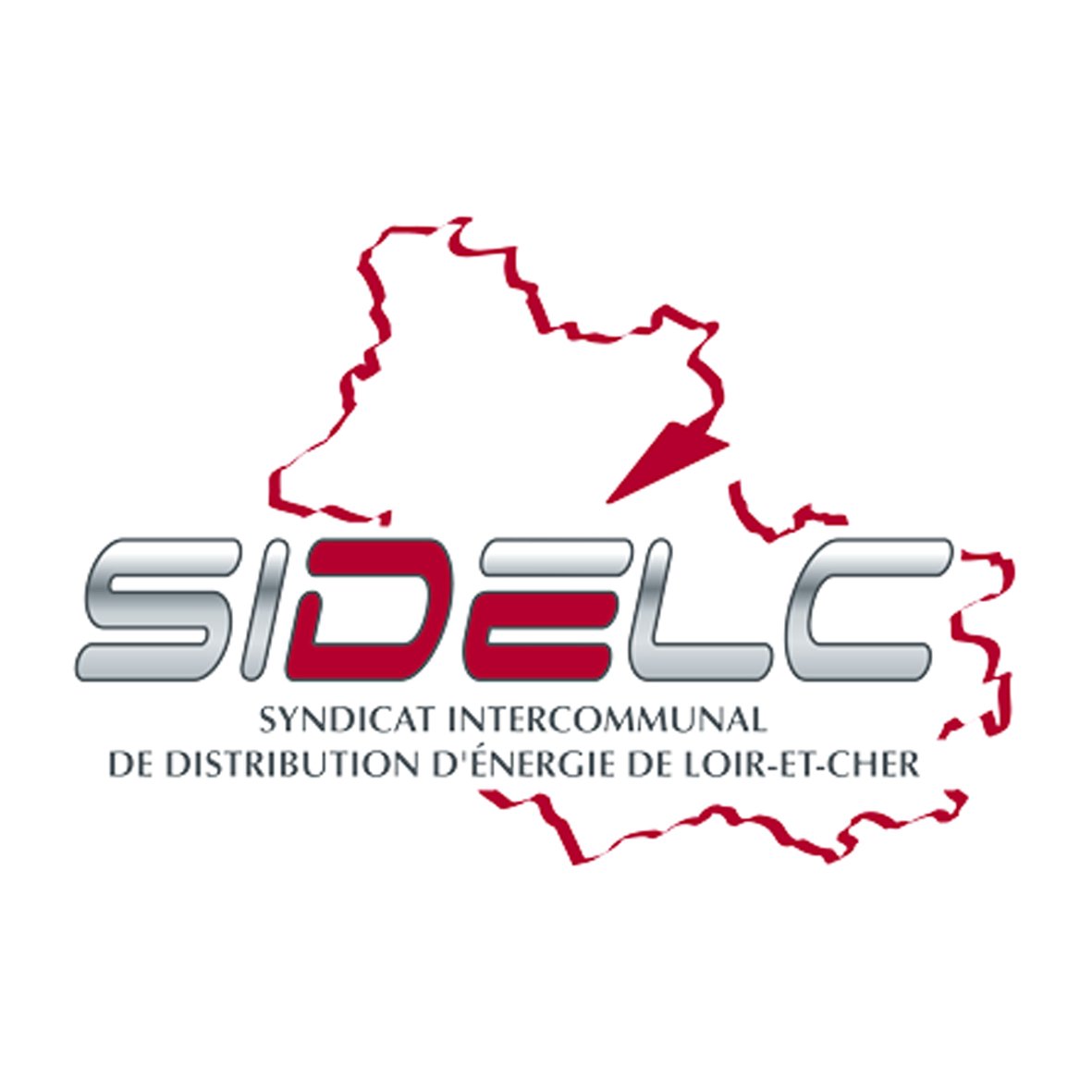 Logo du syndicat intercommunal de distribution d'énergie de Loir-et-Cher, avec une carte de la région en contour rouge et le texte en dessous.