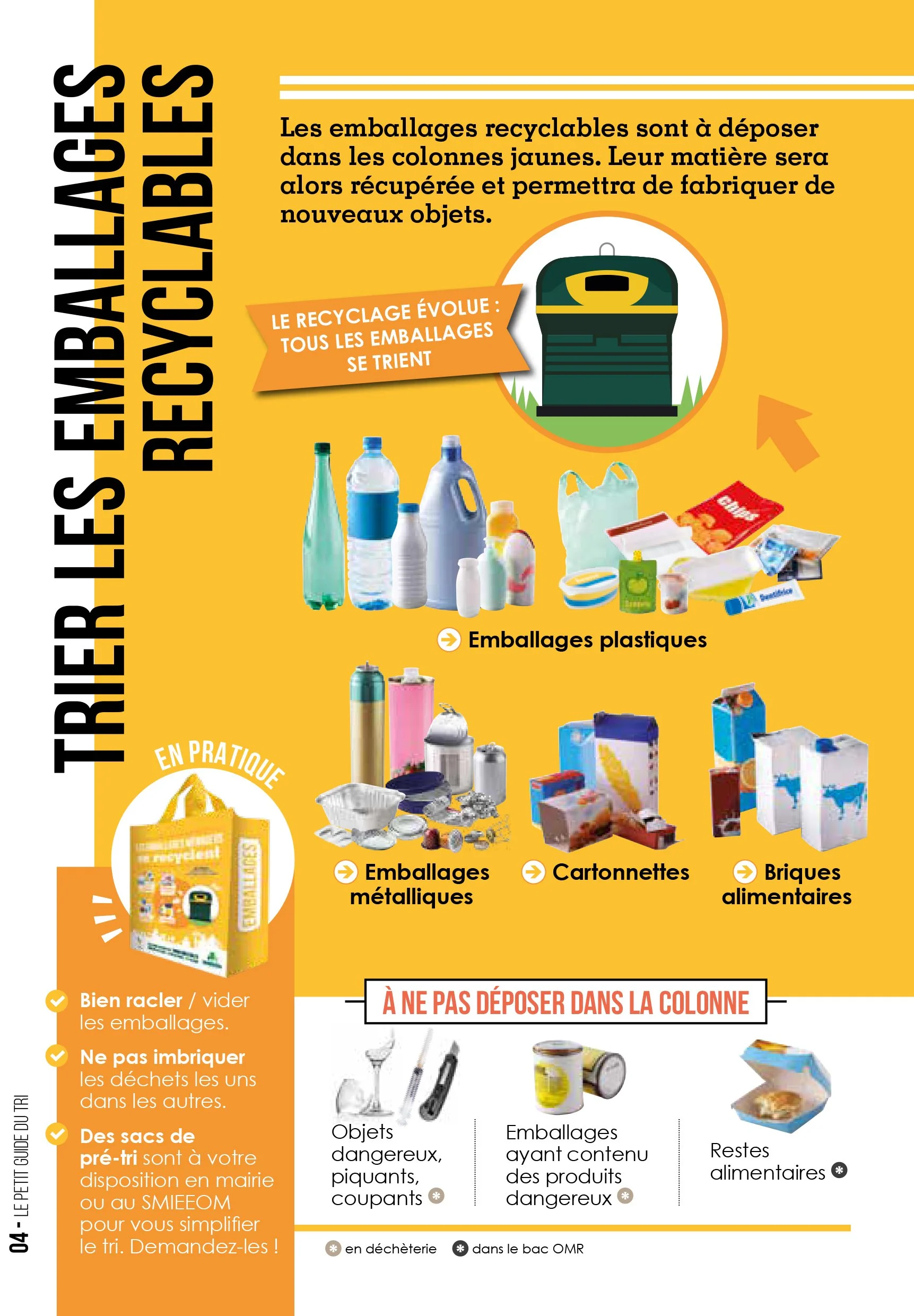 Infographie sur le recyclage des emballages, avec différentes catégories comme emballages plastiques, métalliques, cartonnettes, briques alimentaires et autres, accompagnée de conseils pour bien recycler. La bannière indique que tous les emballages se trient et que certains doivent être déposés dans une colonne spéciale, notant notamment que certains objets dangereux ou contenant des produits dangereux doivent être éliminés dans des containers spécifiques.