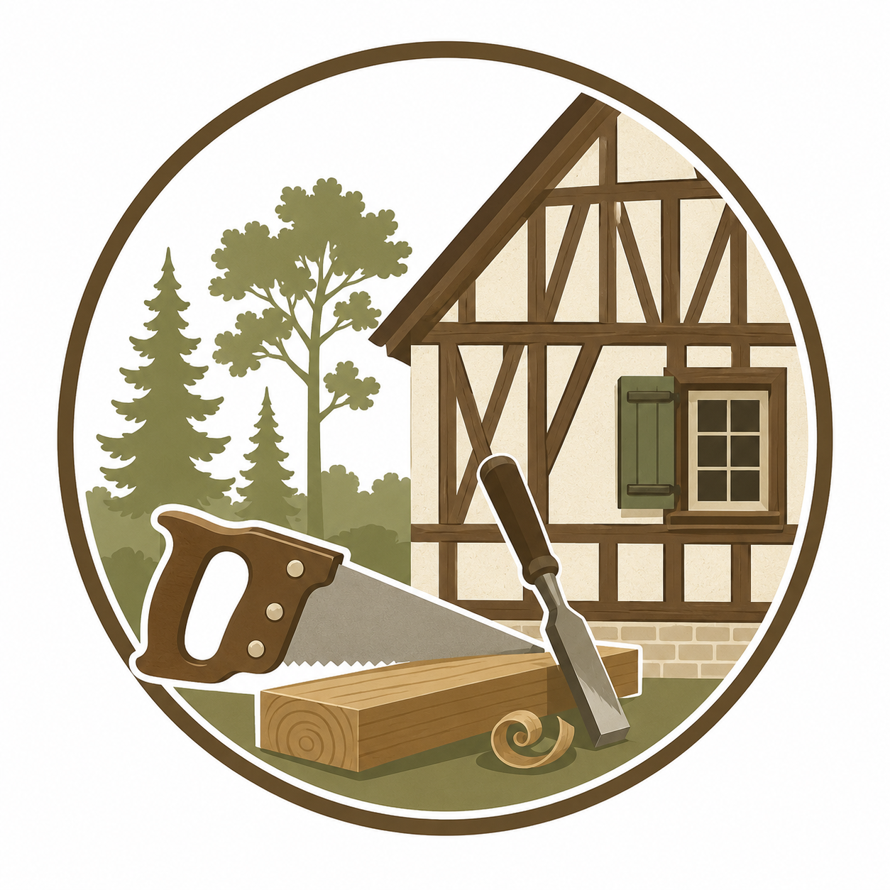 Illustration d'une maison en construction avec des outils de charpentier, comme une scie, un marteau et un escabeau, devant un arbre et un environnement naturel.