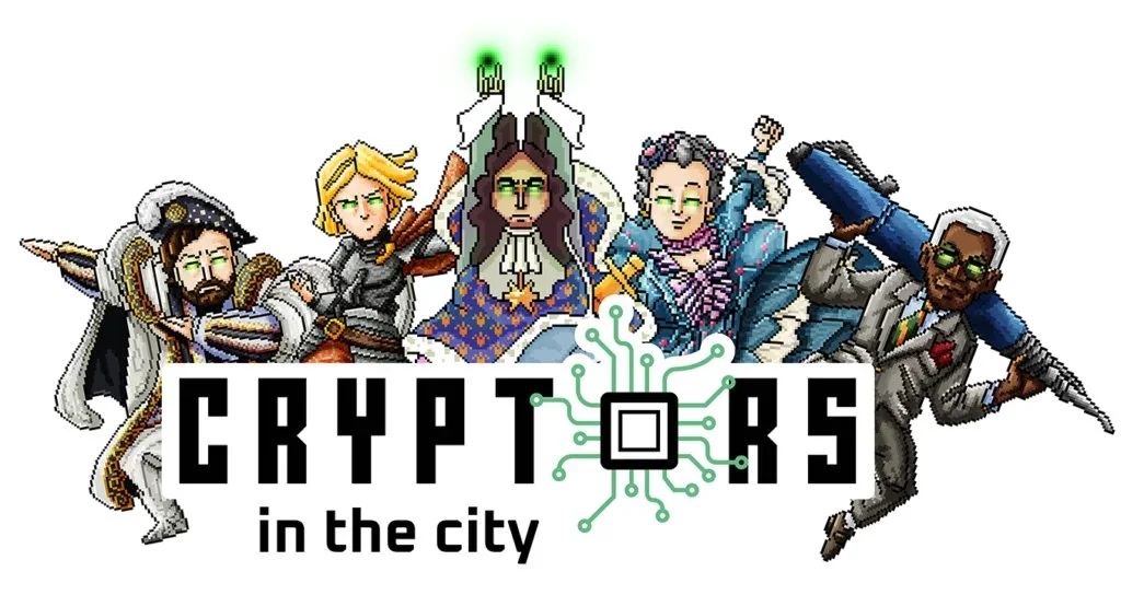 Une illustration en pixel art de plusieurs personnages stylisés autour du texte 'Cryptors in the city' avec un motif de circuit électronique au centre - Le château du Moulin, surnommé la Perle de la Sologne