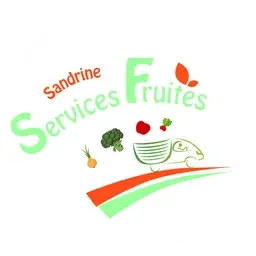 Logo de Services Fruités avec une illustration de fruits, légumes, et un oiseau, utilisant des couleurs vert, orange, et rouge.