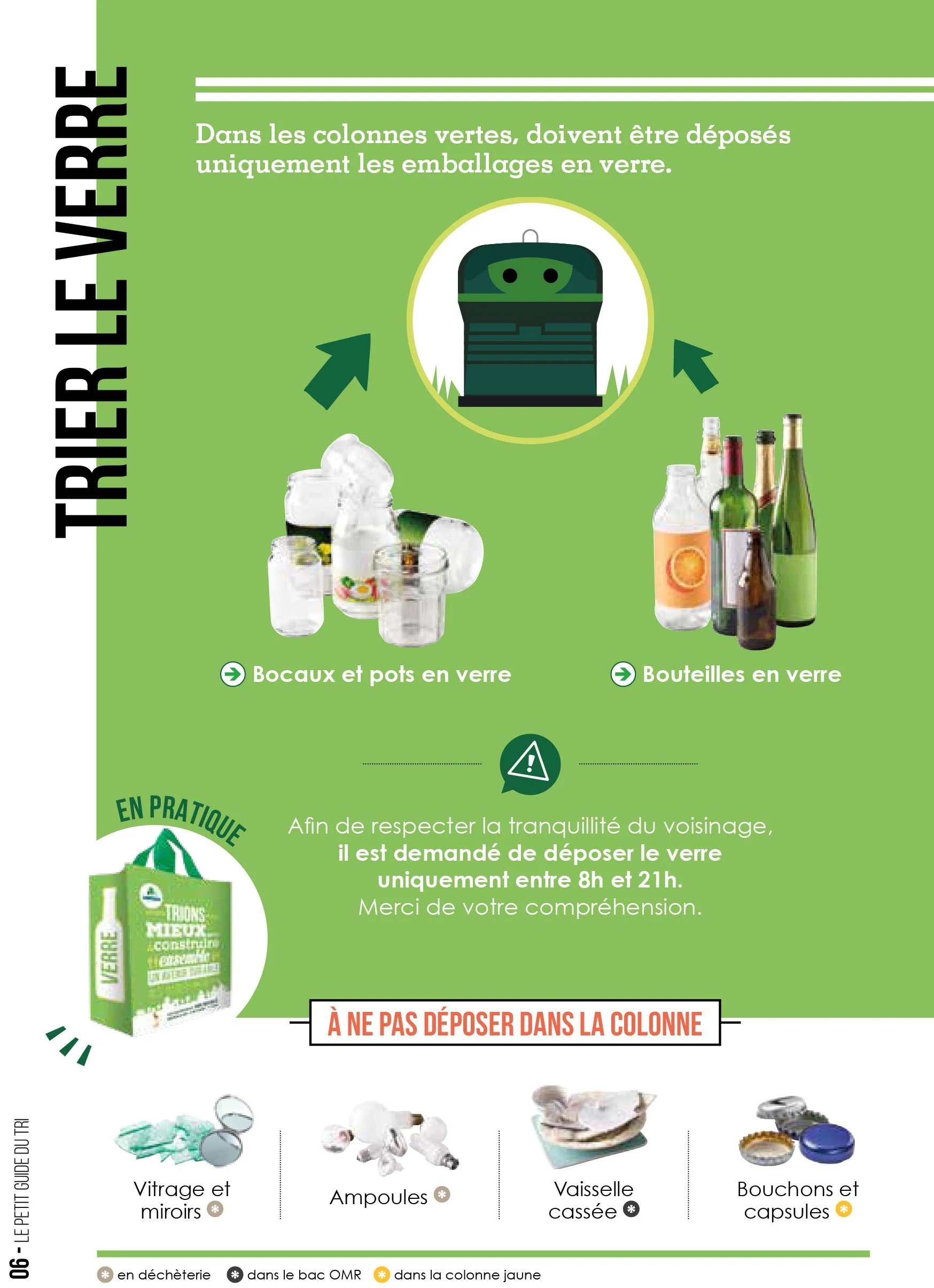 Instructions sur le recyclage des emballages en verre, avec illustration d'une poubelle de tri verte et différents types de contenants en verre tels que bocaux, bouteilles, ampoules, vaisselle cassée, bouchons et capsules, et précisions sur leur tri