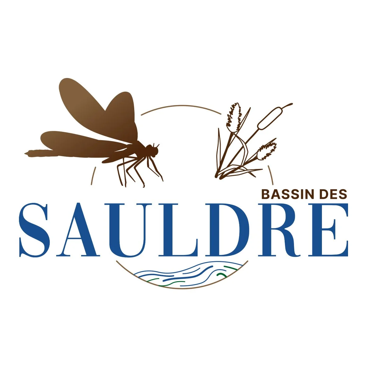 Logo du bassin des Sauldre avec une libellule, des plantes aquatiques et le nom en bleu et marron.