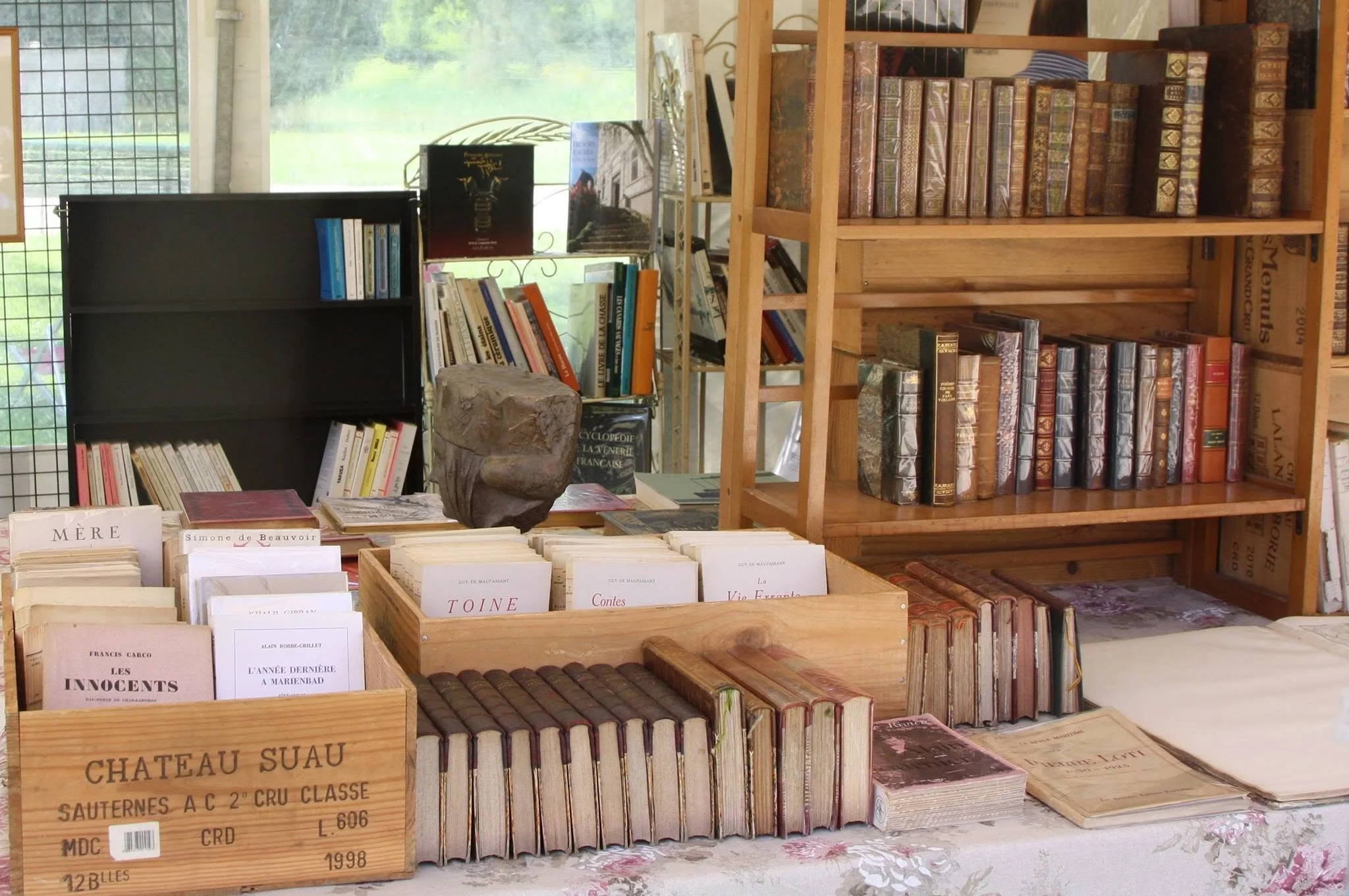 Une étagère en bois remplies de livres, certains à l'écran, dans un espace intérieur avec fenêtre.