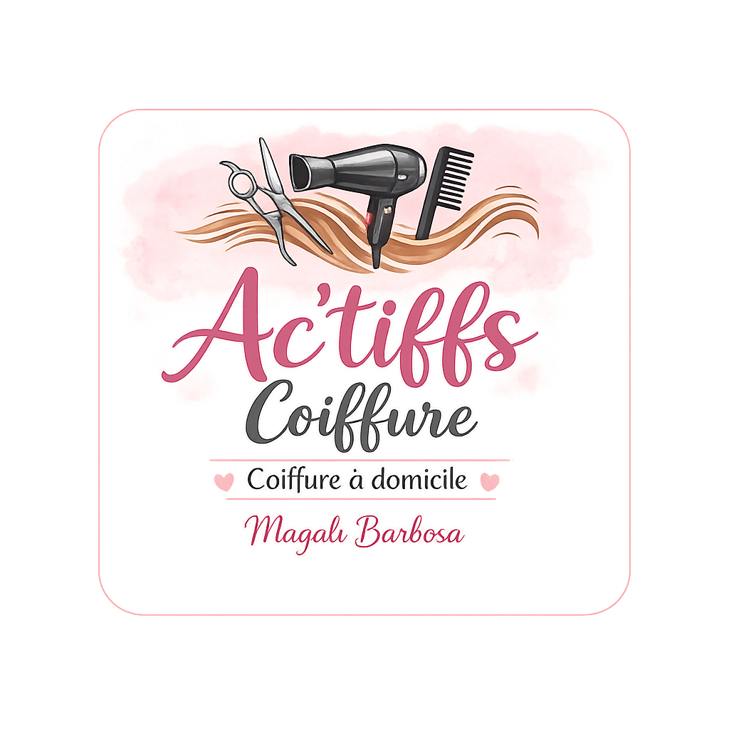 Logo d'un service de coiffure à domicile avec un sèche-cheveux, des ciseaux et un peigne. Texte : Actiffs Coiffure, Coiffure à domicile, Magalu Barbosa.