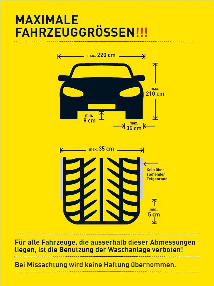 Ein Warnhinweis für maximale Fahrzeuggrößen mit einer Abbildung eines Autos und einer Reifenradübersicht. Das Fahrzeug darf höchstens 220 cm breit und 210 cm hoch sein, mit mindesten 8 cm Abstand vom Boden. Die Reifen dürfen höchstens 35 cm breit und 5 cm hoch sein, ohne überstehenden Felgenrand.