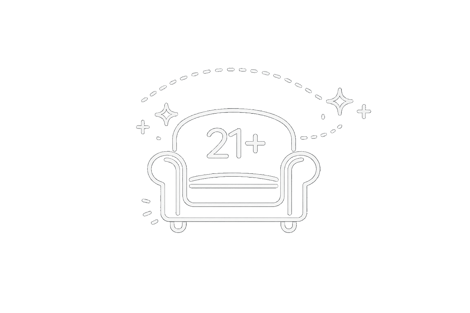 Minimalist line drawing of a cozy armchair with '21+' in its backrest, surrounded by stars and sparkles, on a black background. release your mind.