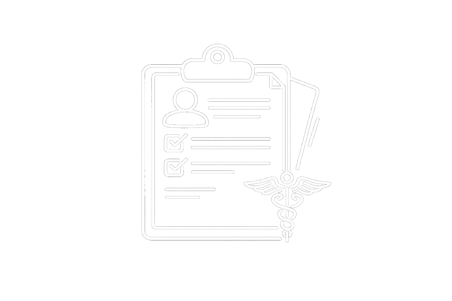 Outline of a medical report on a clipboard with checkmarks, a person icon, and a healthcare caduceus symbol. release your mind.