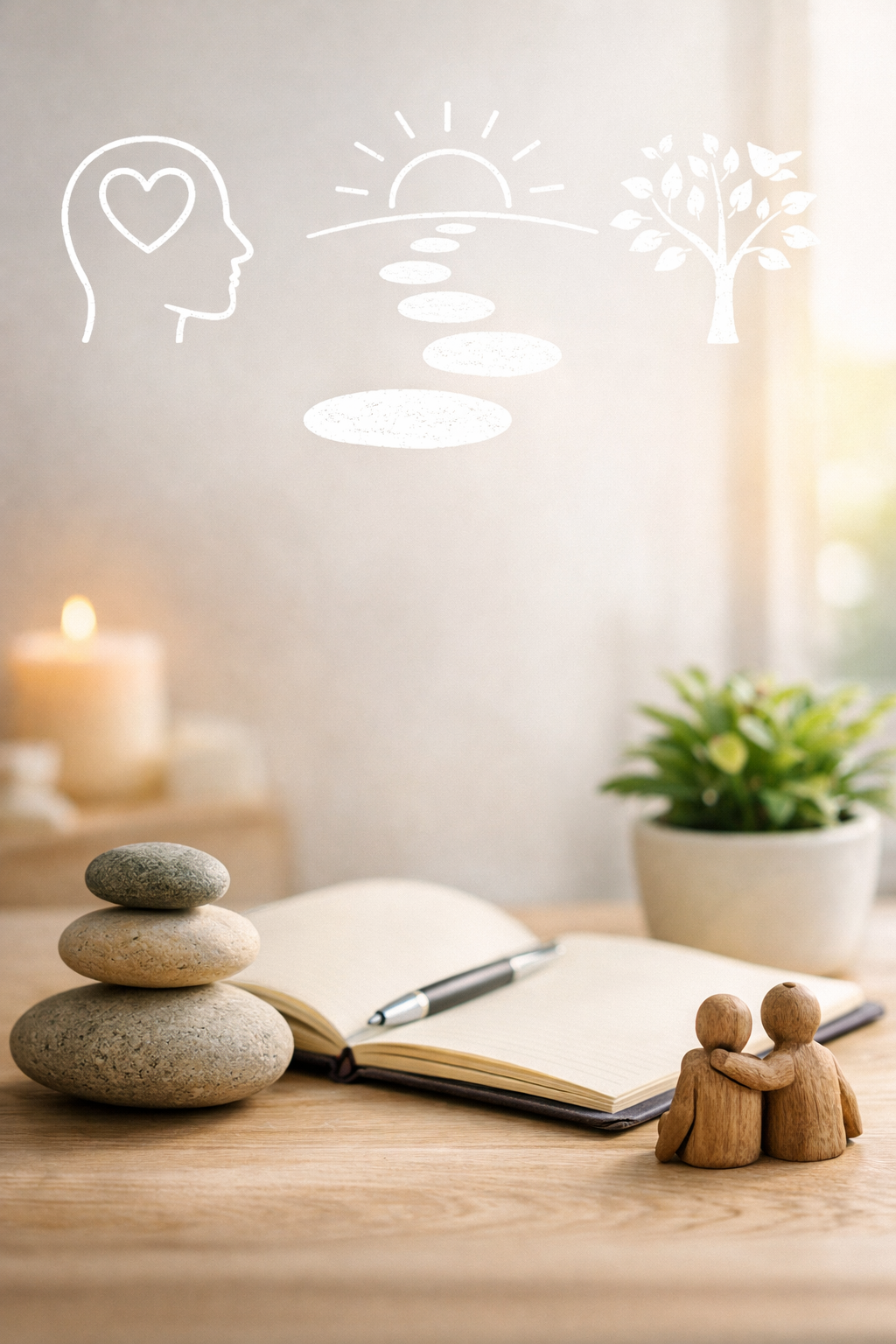 Decorative table with three stacked stones, an open notebook with a pen, and a wooden couple sculpture, with a potted plant in the background and illustrations of a face with a heart, a sunrise, and a tree on the wall. release your mind.