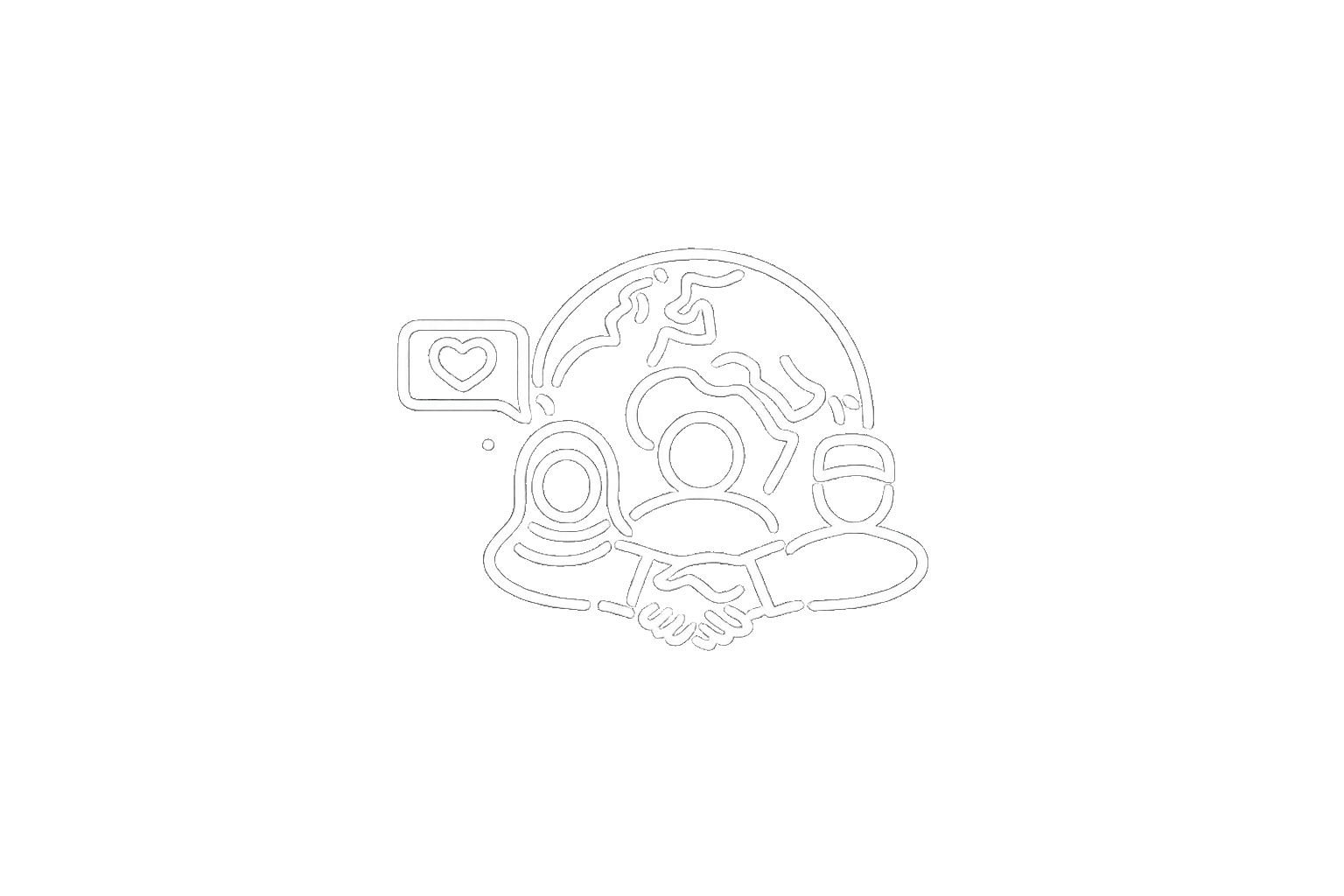 White line drawing of a globe, a person, a woman with long hair, a person with a cap, and a handshake, with a speech bubble containing a heart icon above the group, representing global communication and connection. release your mind.