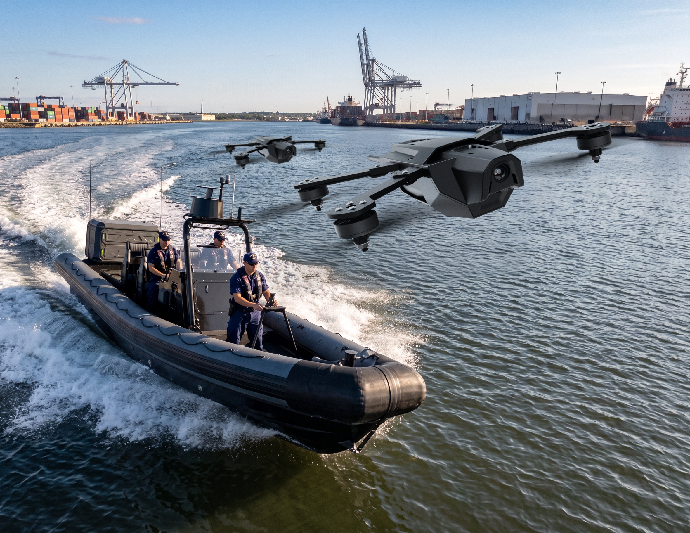 A drone flying above a boat with a crew of people, in a harbor with cranes, cargo ships, and containers in the background.