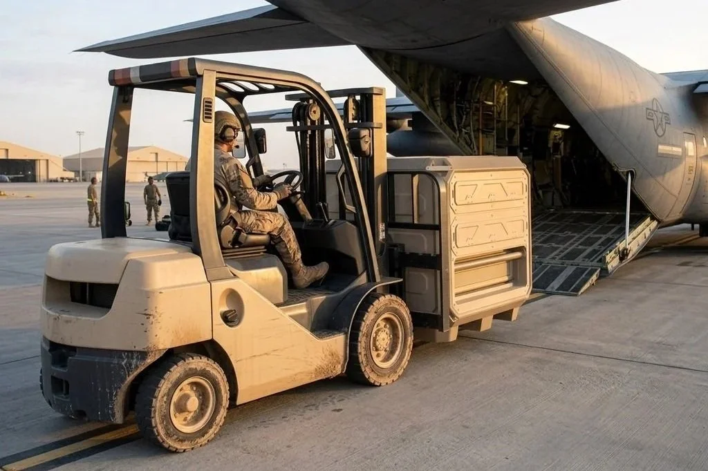 A military personnel operating a small forklift near a military transport aircraft on an airfield during sunset.