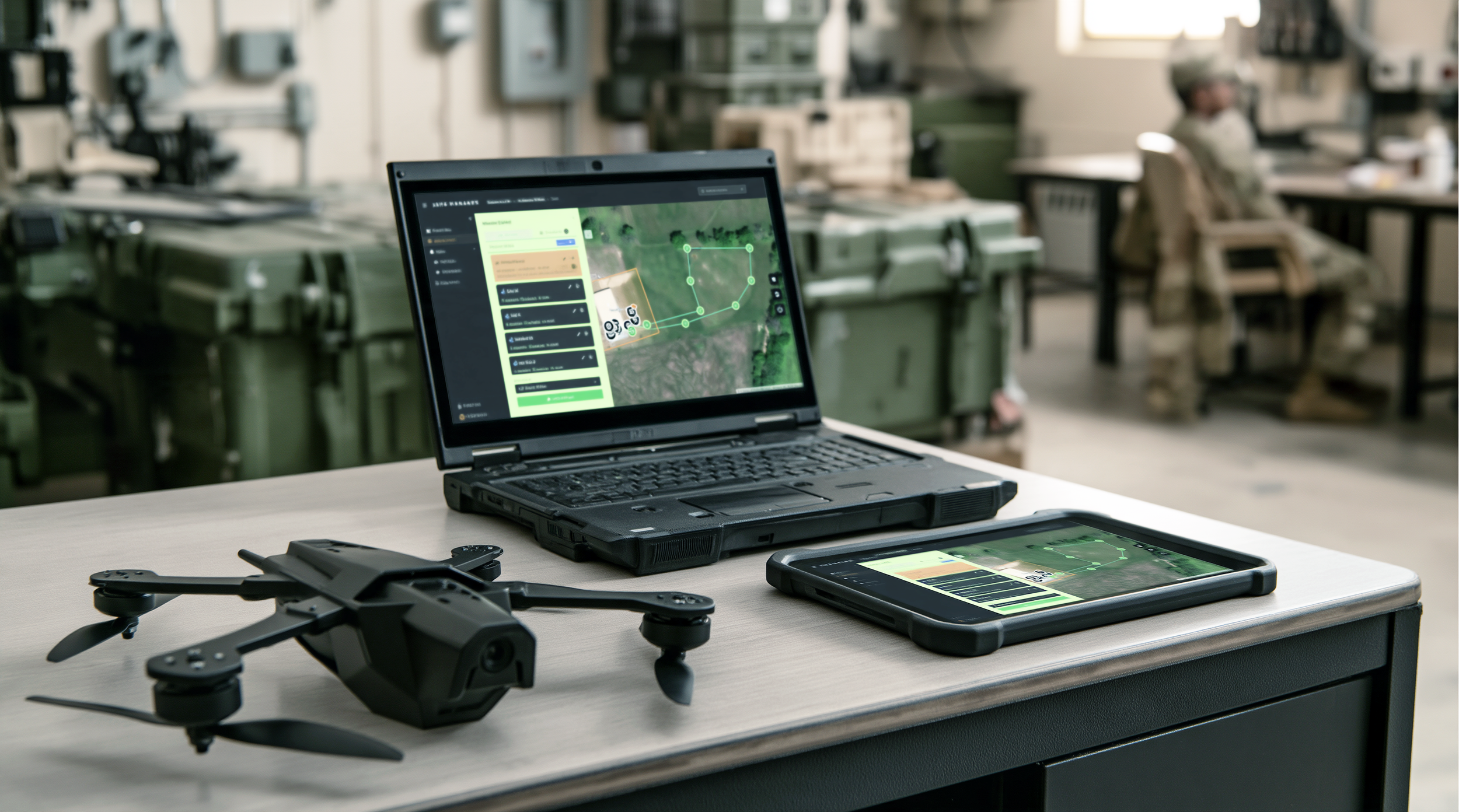 A workspace with a 7" STRIKER drone, a laptop, a tablet, and a smartphone on a desk. The laptop screen shows a mapping or navigation app, and the Tesseract STRIKER drone is in front of the devices.