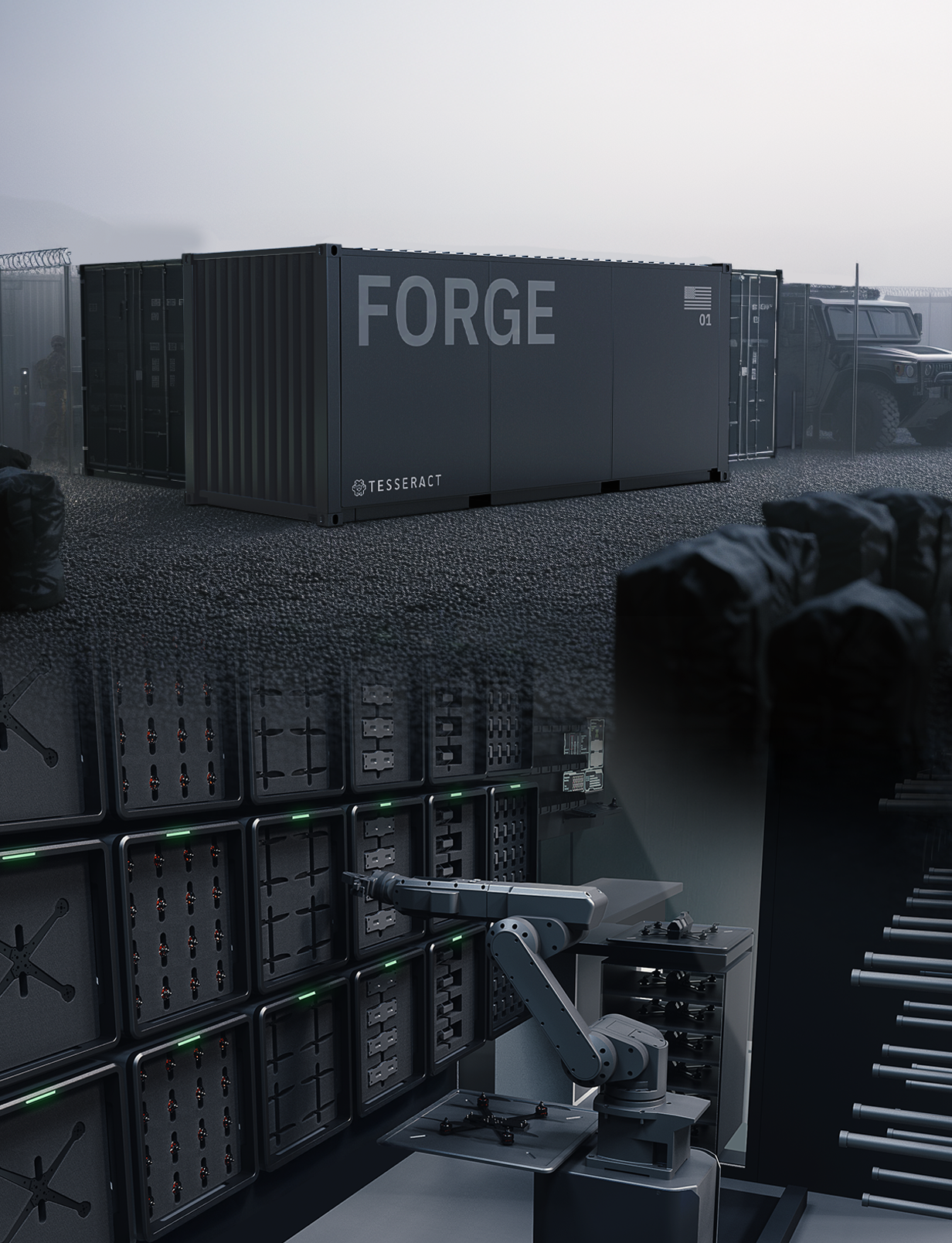 Futuristic scene showing a military-style container labeled 'FORGE' with the logo 'TESSERACT,' set in a high-tech facility with advanced robotics and equipment.
