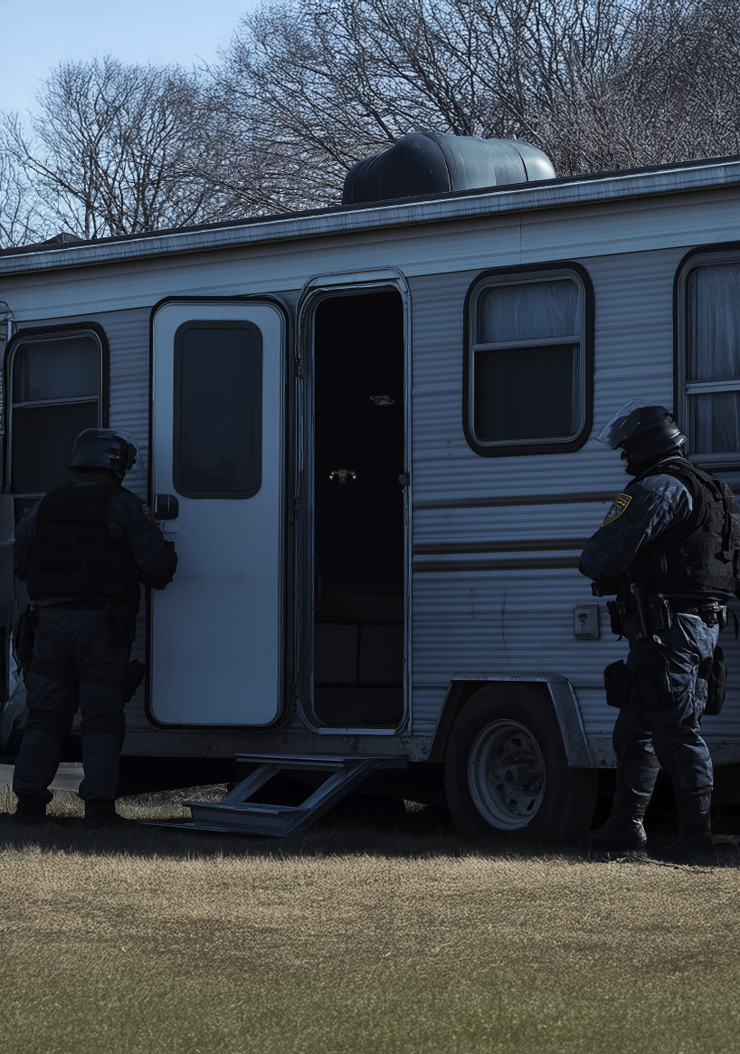 Two police officers in tactical gear standing outside a white camper trailer, one with the door open, on a grassy area with leafless trees in the background.