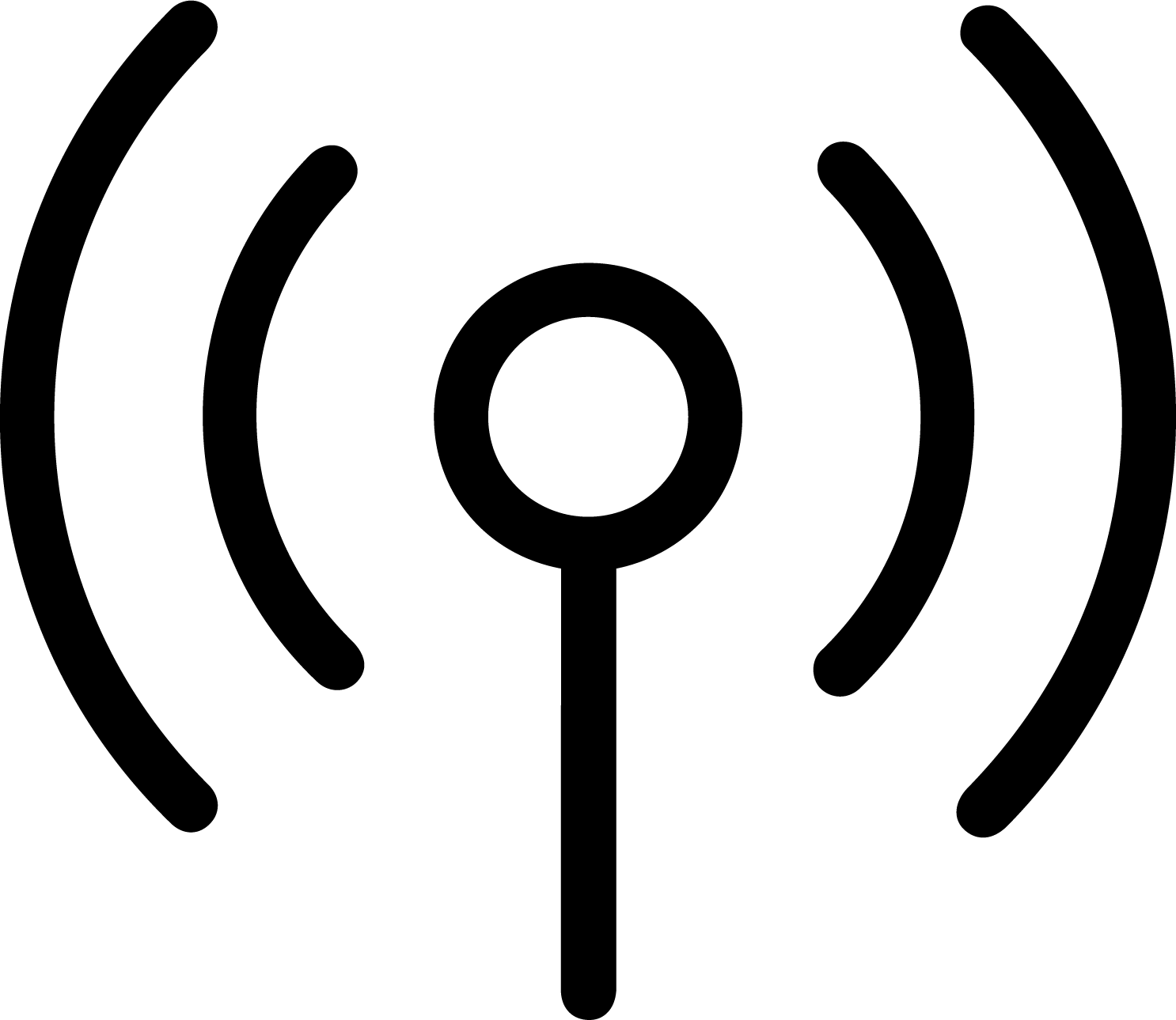 Black and white wireless signal icon with concentric semi-circles on either side of a central circle with a vertical line extending downward.