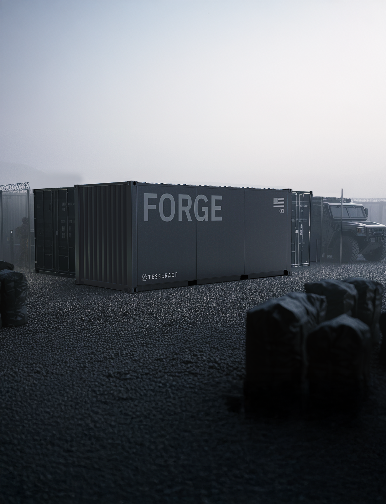 A dark gray shipping container with the word FORGE in large letters, located outdoors on a gravel surface, with an armored vehicle and stacked bags nearby, and a foggy sky in the background.