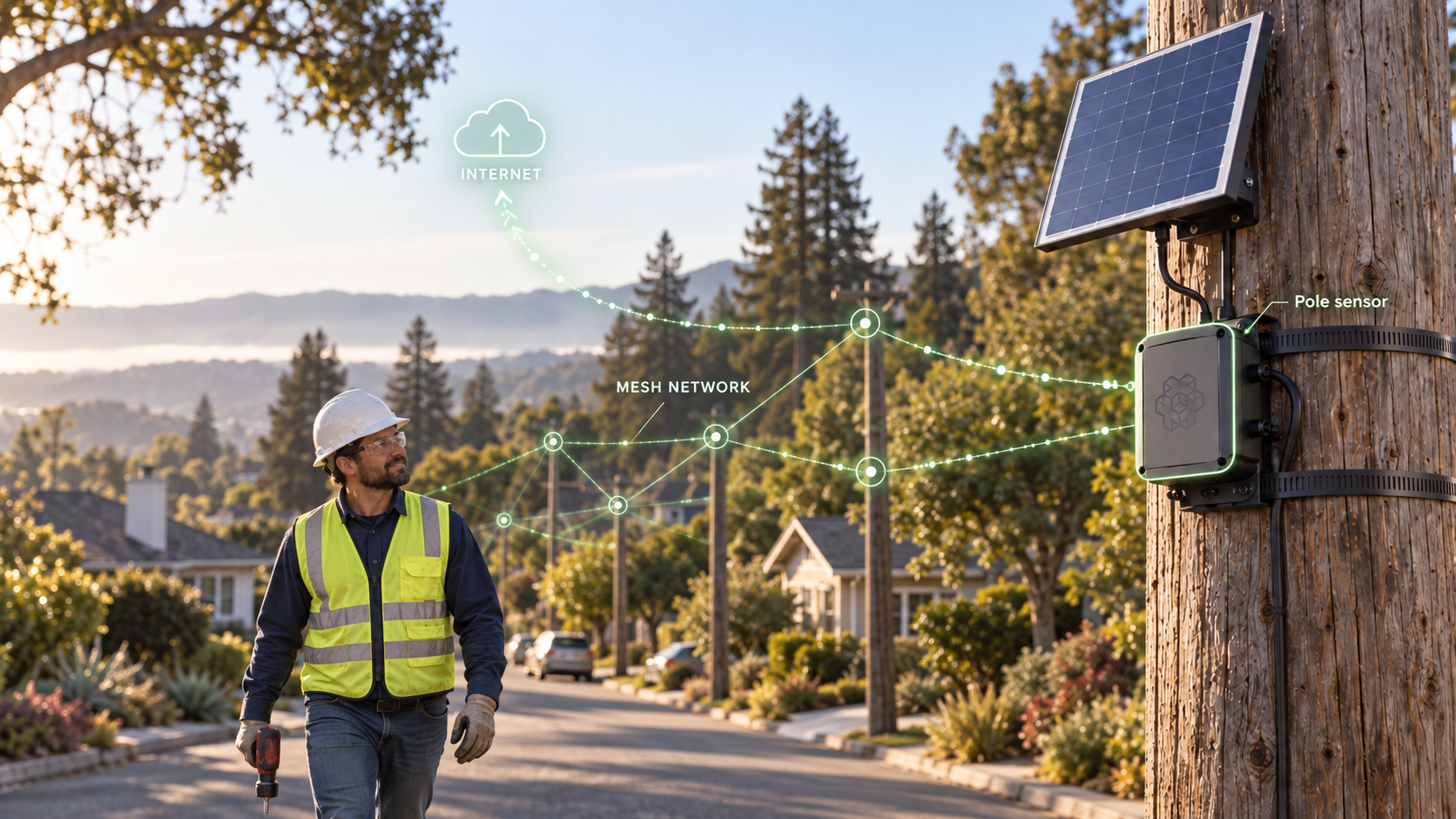 A worker in a safety vest and hard hat walks along a residential street with power poles, while a solar-powered device attached to a utility pole connects to the mesh network and internet cloud, with graphic overlays illustrating network signals.
