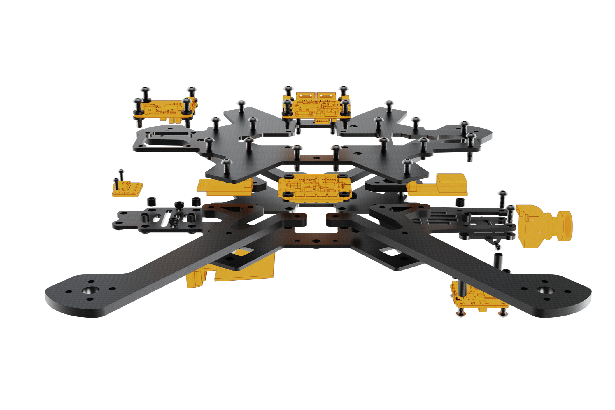 A detailed exploded view of a Tesseract STRIKER's drone internal components, showing the black frame, yellow circuit boards, and various screws and structural elements.
