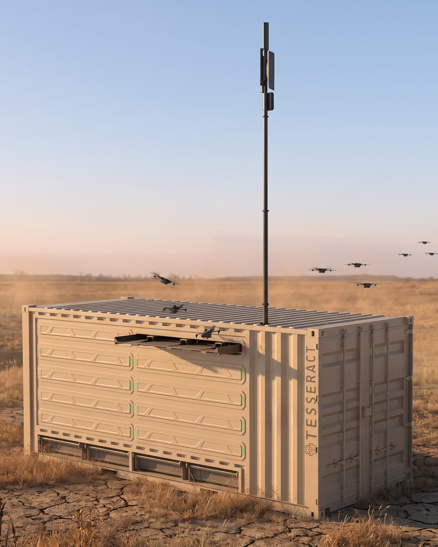 A mobile radar system on a beige container in a dry, cracked field with helicopters flying in the distance against a clear sky during sunset.